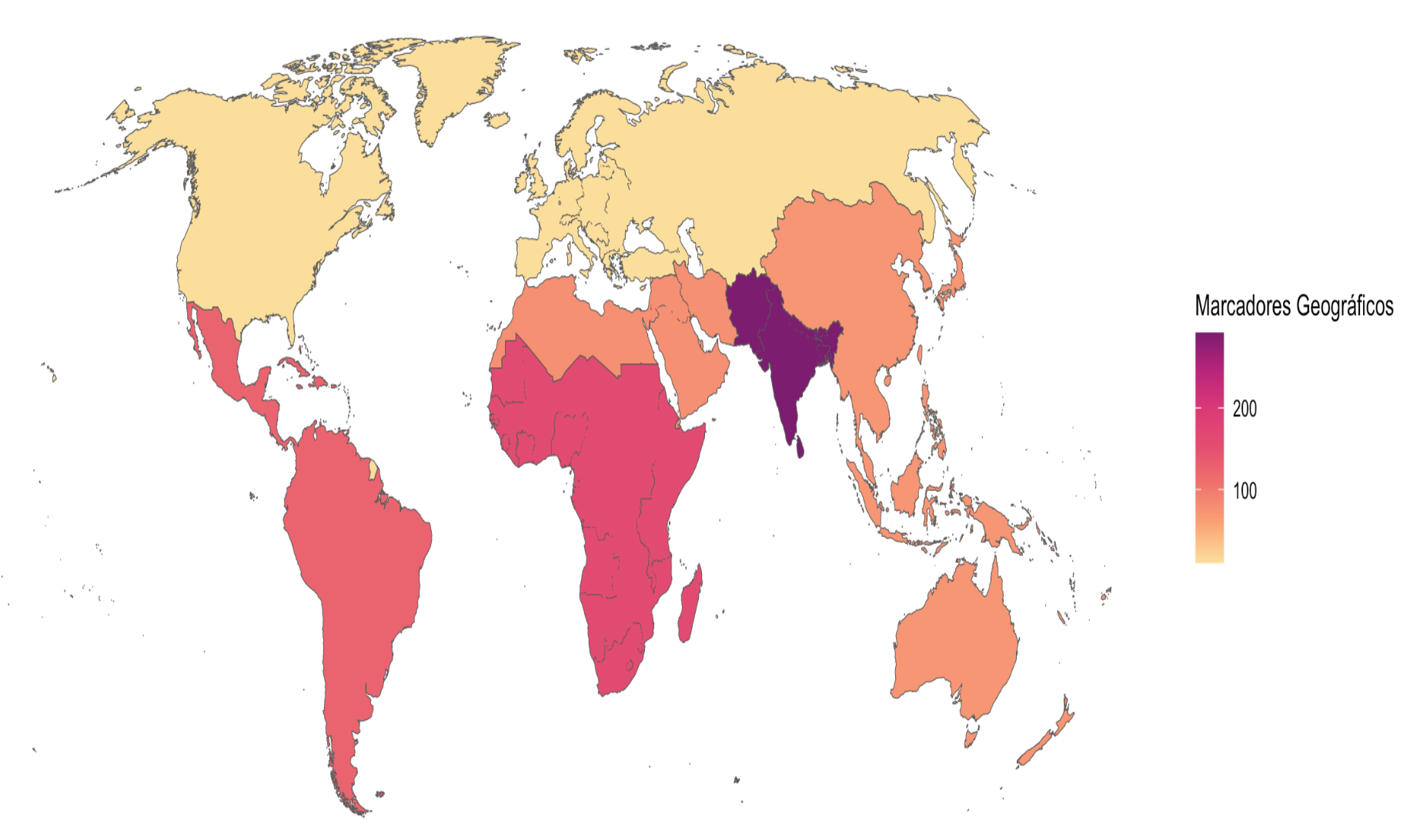 Mapa com a contagem de marcadores geográficos contidos em títulos de trabalhos em diferentes regiões do mundo. Quanto mais próximo do vermelho escuro, mais marcadores geográficos presentes nos títulos dos artigos produzidos na região